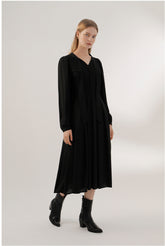 Long Sleeve Midi Dress in Flowing Crepe with Neck Tie Detail
